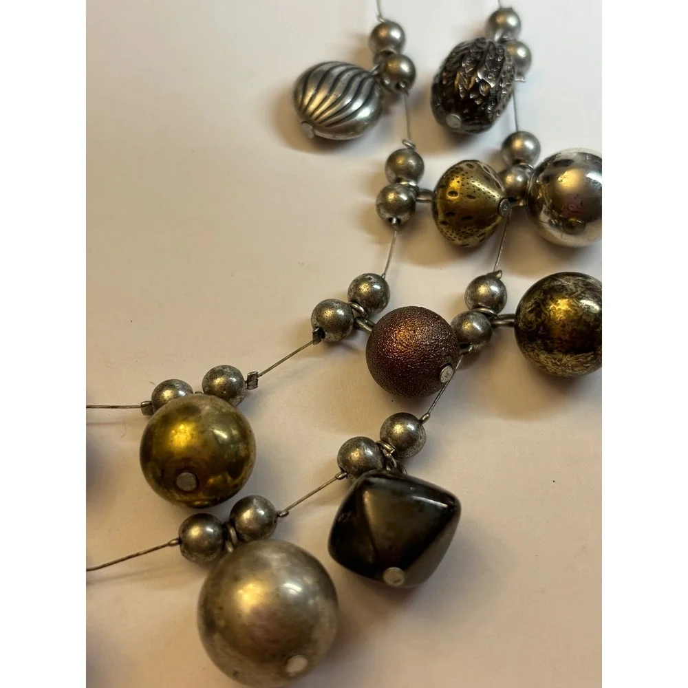 Mixed Metal Multi Strand Bib Necklace Silver Gold Bronze Beaded Statement 20